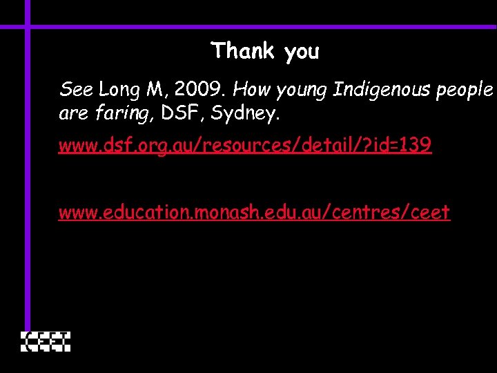 Thank you See Long M, 2009. How young Indigenous people are faring, DSF, Sydney.