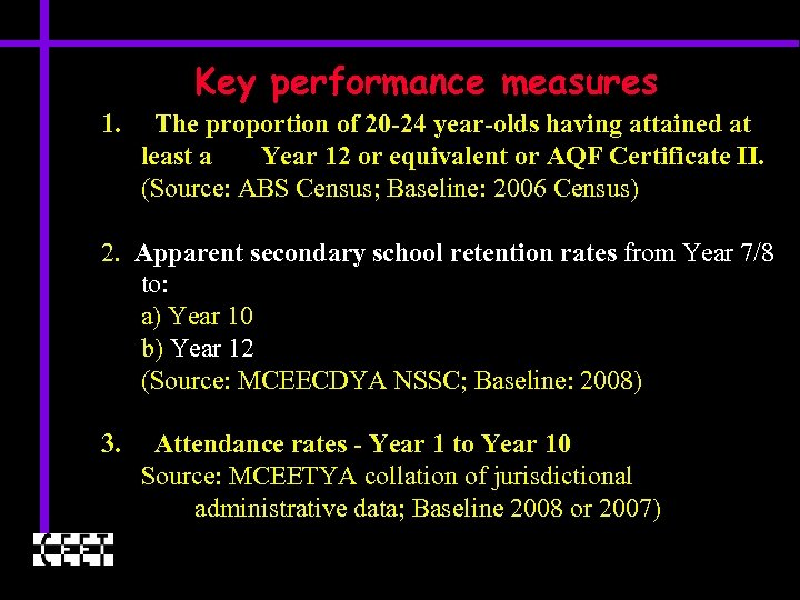 Key performance measures 1. The proportion of 20 -24 year-olds having attained at least