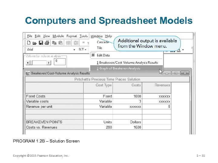 Computers and Spreadsheet Models PROGRAM 1. 2 B – Solution Screen Copyright © 2015