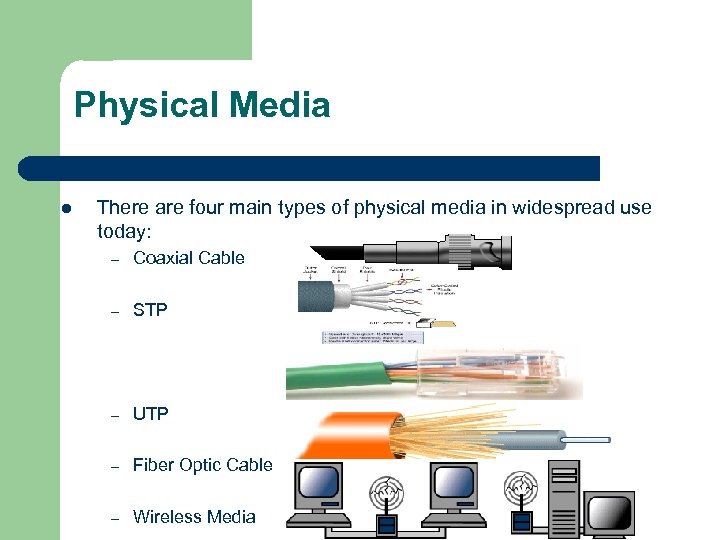 Physical Media l There are four main types of physical media in widespread use