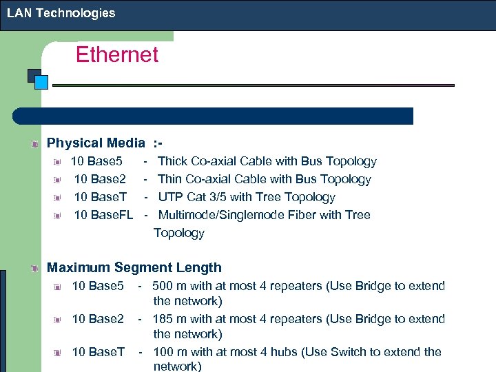 LAN Technologies Ethernet Physical Media : 10 Base 5 - Thick Co-axial Cable with