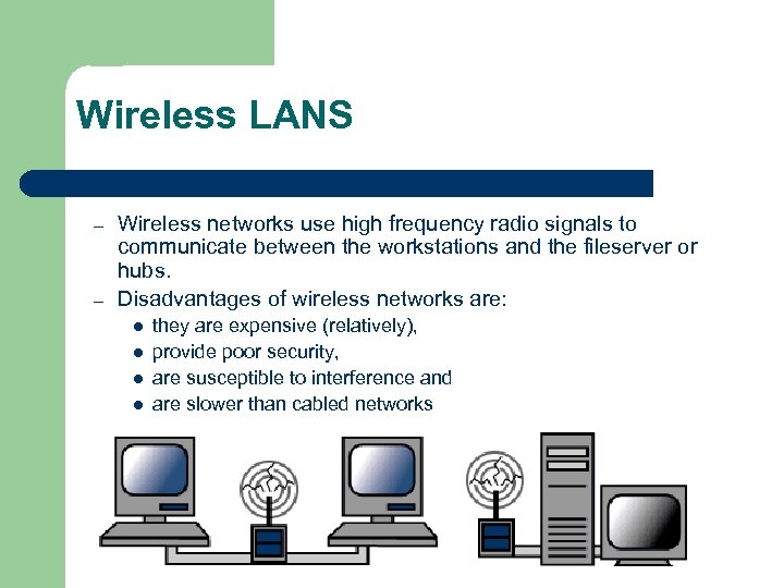 Wireless LANS – – Wireless networks use high frequency radio signals to communicate between