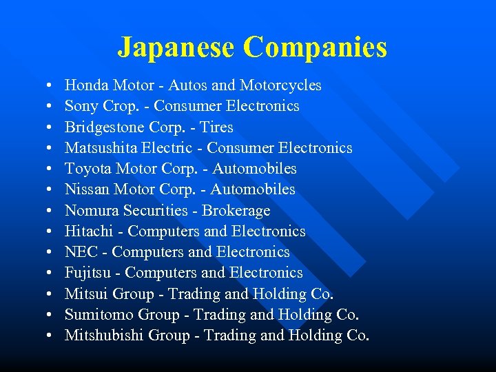 Japanese Companies • • • • Honda Motor - Autos and Motorcycles Sony Crop.