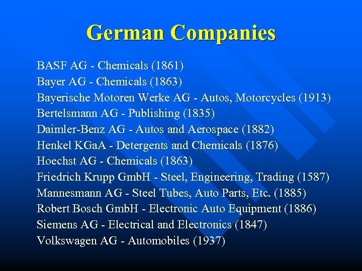 German Companies BASF AG - Chemicals (1861) Bayer AG - Chemicals (1863) Bayerische Motoren