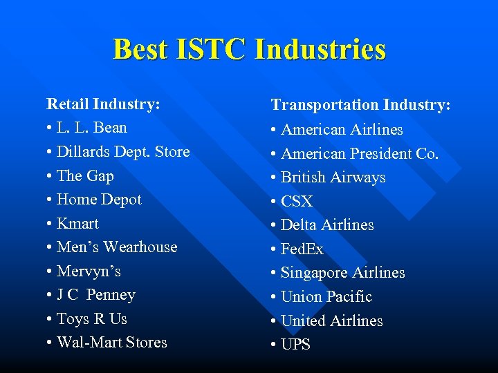 Best ISTC Industries Retail Industry: • L. L. Bean • Dillards Dept. Store •