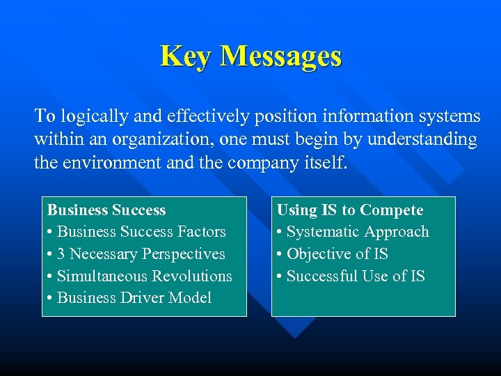 Key Messages To logically and effectively position information systems within an organization, one must