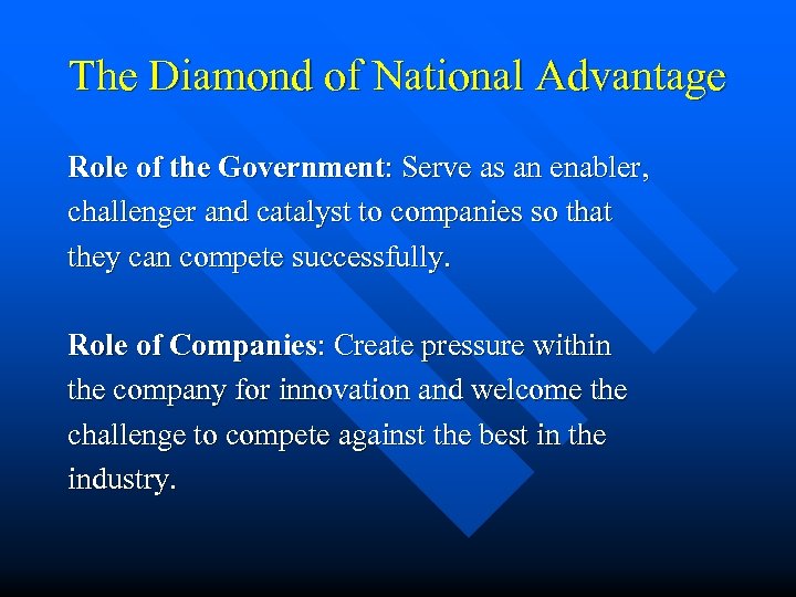 The Diamond of National Advantage Role of the Government: Serve as an enabler, challenger