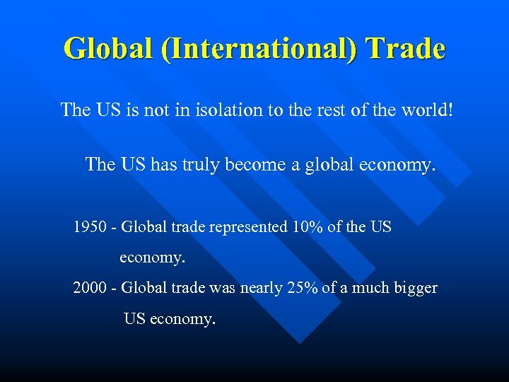 Global (International) Trade The US is not in isolation to the rest of the