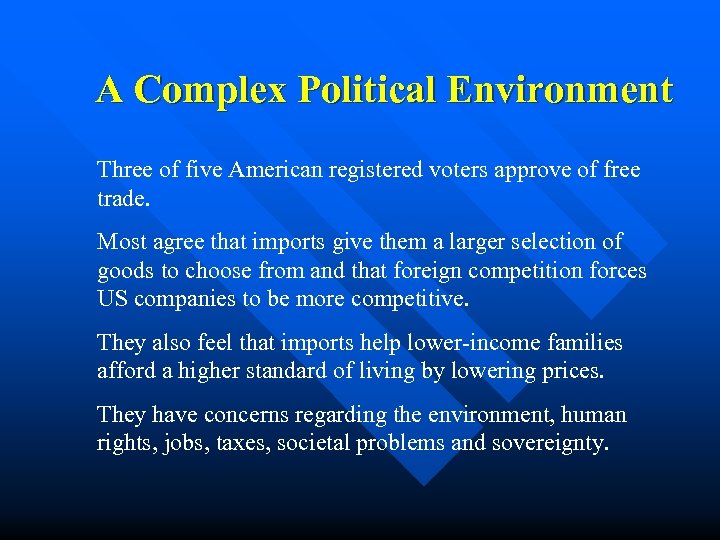 A Complex Political Environment Three of five American registered voters approve of free trade.