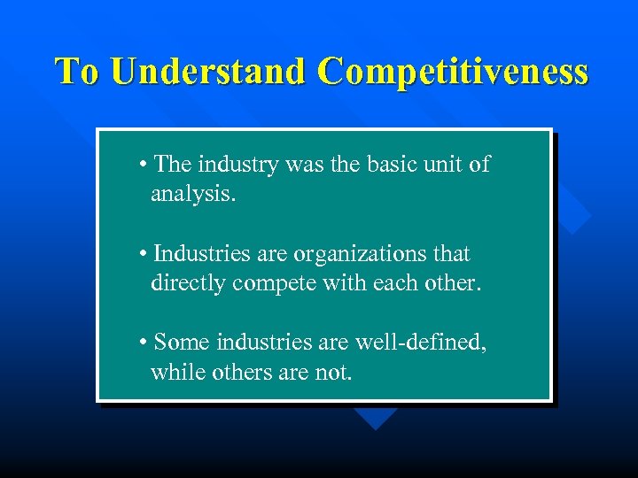 To Understand Competitiveness • The industry was the basic unit of analysis. • Industries