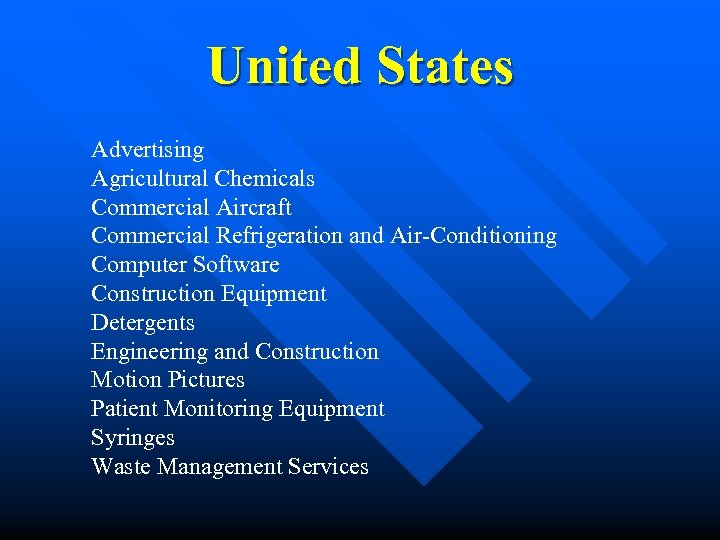 United States Advertising Agricultural Chemicals Commercial Aircraft Commercial Refrigeration and Air-Conditioning Computer Software Construction