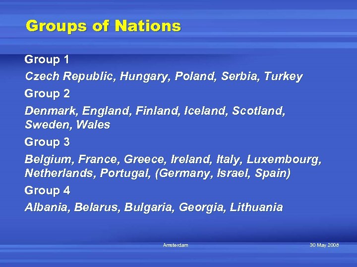 Groups of Nations Group 1 Czech Republic, Hungary, Poland, Serbia, Turkey Group 2 Denmark,