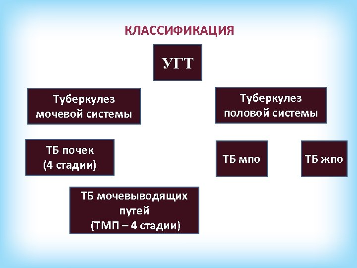 КЛАССИФИКАЦИЯ УГТ Туберкулез мочевой системы ТБ почек (4 стадии) ТБ мочевыводящих путей (ТМП –