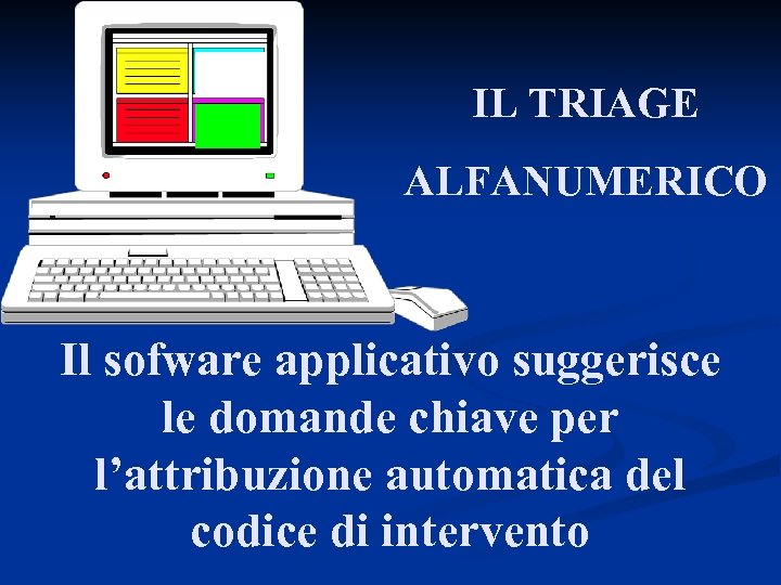 IL TRIAGE ALFANUMERICO Il sofware applicativo suggerisce le domande chiave per l’attribuzione automatica del