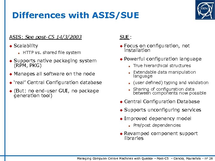 Differences with ASIS/SUE ASIS: See post-C 5 14/3/2003 u Scalability n u SUE: u