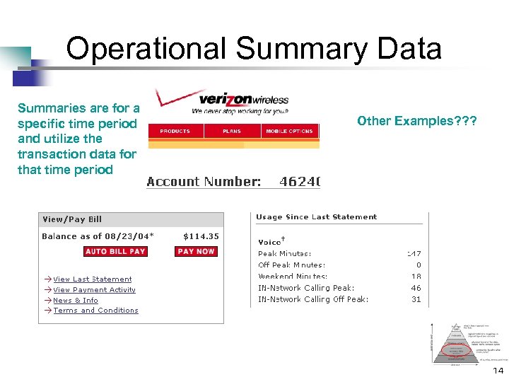 Operational Summary Data Summaries are for a specific time period and utilize the transaction