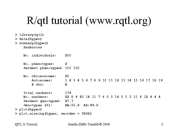 R/qtl tutorial (www. rqtl. org) > library(qtl) > data(hyper) > summary(hyper) Backcross No. individuals: