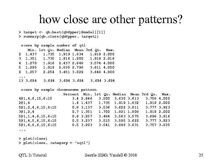 how close are other patterns? > target <- qb. best(qb. Hyper)$model[[1]] > summary(qb. close(qb.