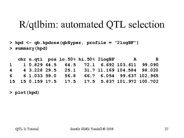 R/qtlbim: automated QTL selection > hpd <- qb. hpdone(qb. Hyper, profile = "2 log.