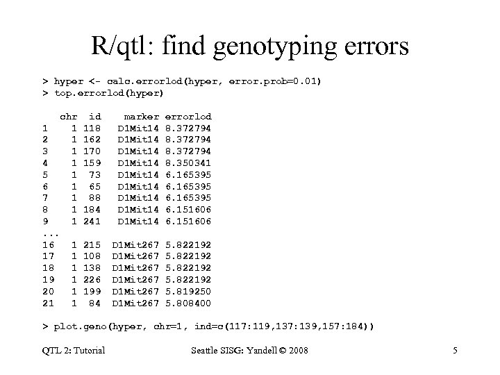 R/qtl: find genotyping errors > hyper <- calc. errorlod(hyper, error. prob=0. 01) > top.