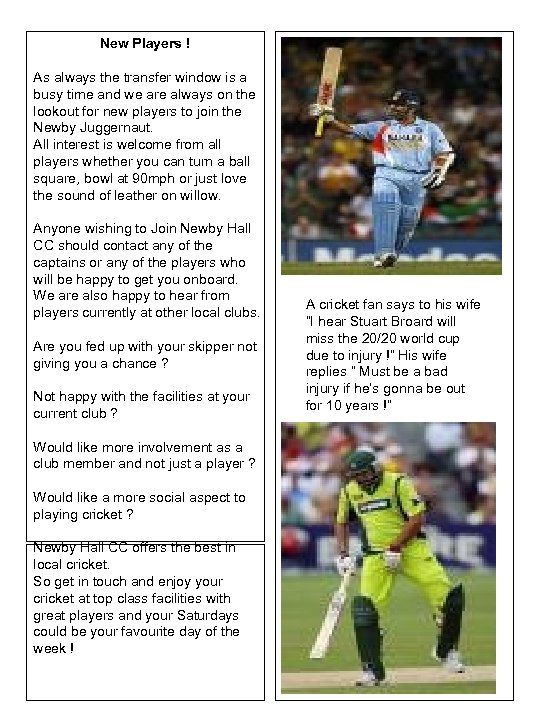 New Players ! As always the transfer window is a busy time and we