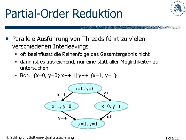 Partial-Order Reduktion • Parallele Ausführung von Threads führt zu vielen verschiedenen Interleavings § oft