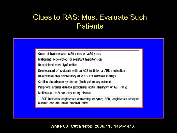 Clues to RAS: Must Evaluate Such Patients White CJ. Circulation. 2006; 113: 1464 -1473.