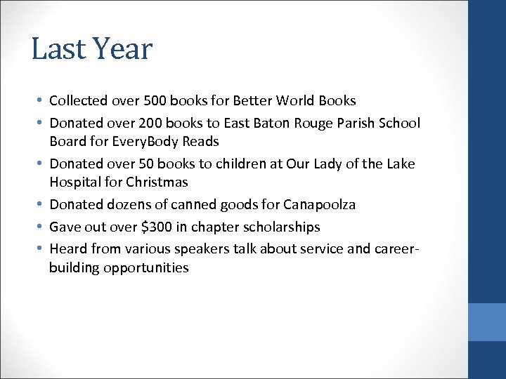 Last Year • Collected over 500 books for Better World Books • Donated over