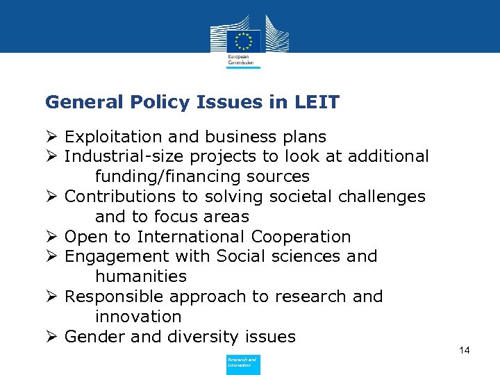 General Policy Issues in LEIT Ø Exploitation and business plans Ø Industrial-size projects to