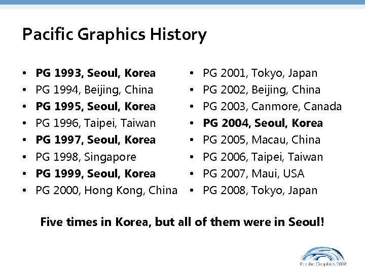 Pacific Graphics History • • PG 1993, Seoul, Korea PG 1994, Beijing, China PG