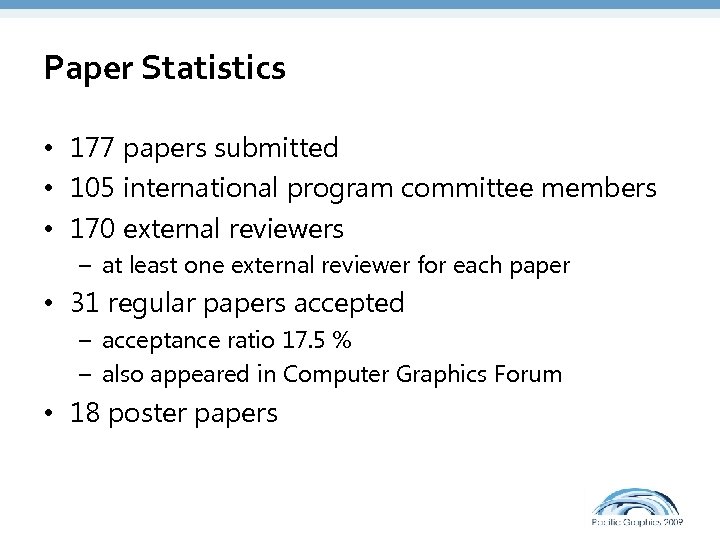 Paper Statistics • 177 papers submitted • 105 international program committee members • 170