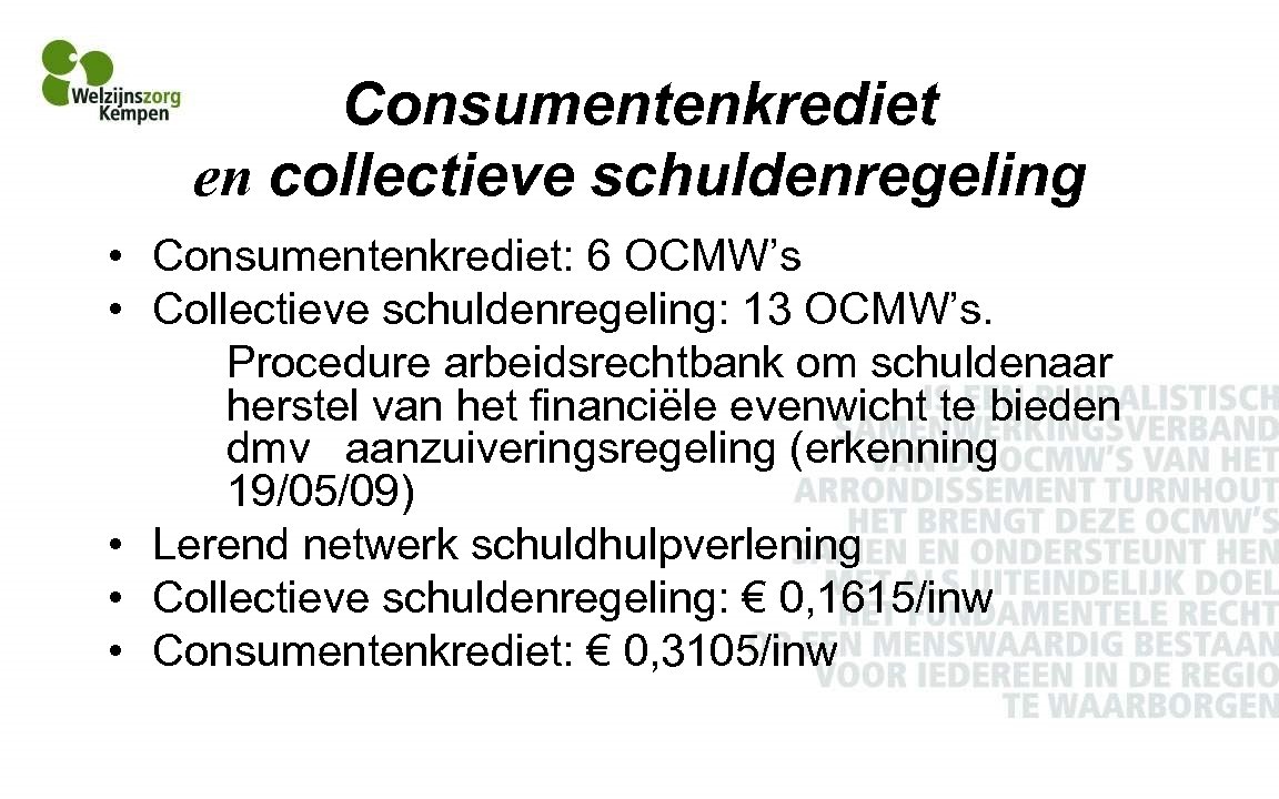 Consumentenkrediet en collectieve schuldenregeling • Consumentenkrediet: 6 OCMW’s • Collectieve schuldenregeling: 13 OCMW’s. Procedure