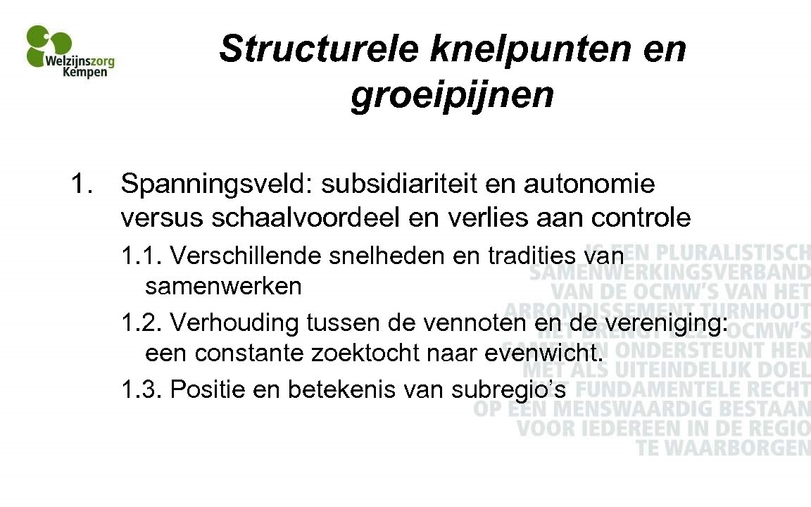 Structurele knelpunten en groeipijnen 1. Spanningsveld: subsidiariteit en autonomie versus schaalvoordeel en verlies aan