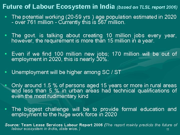 Future of Labour Ecosystem in India (based on TLSL report 2006) • The potential