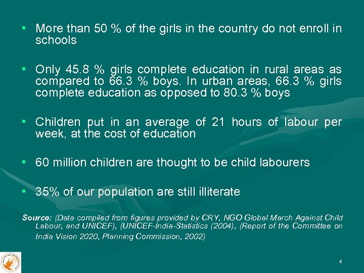  • More than 50 % of the girls in the country do not