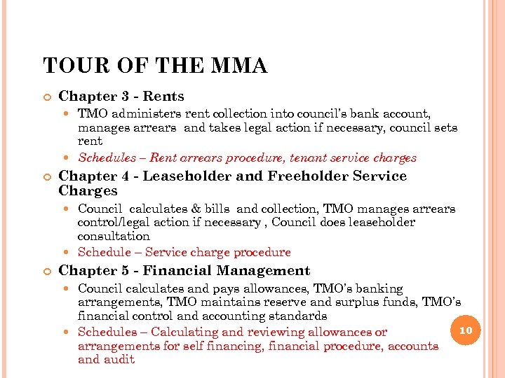 TOUR OF THE MMA Chapter 3 - Rents TMO administers rent collection into council’s