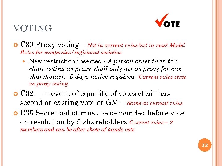 VOTING C 30 Proxy voting – Not in current rules but in most Model