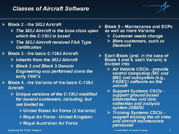 Classes of Aircraft Software Ø Block 2 - the 382 J Aircraft Ø Ø