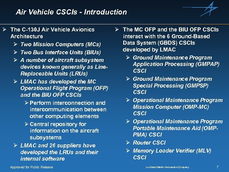 Air Vehicle CSCIs - Introduction Ø The C-130 J Air Vehicle Avionics Architecture Ø