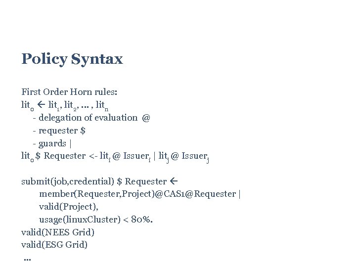 Policy Syntax First Order Horn rules: lit 0 lit 1, lit 2, . .