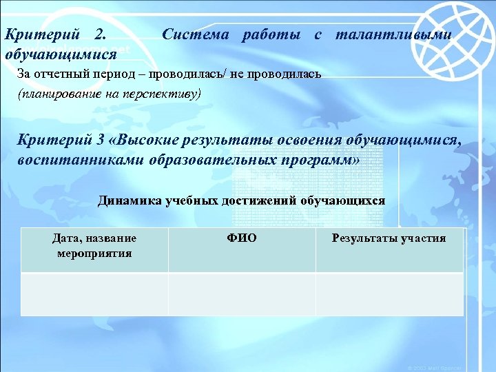 Критерий 2. обучающимися Система работы с талантливыми За отчетный период – проводилась/ не проводилась