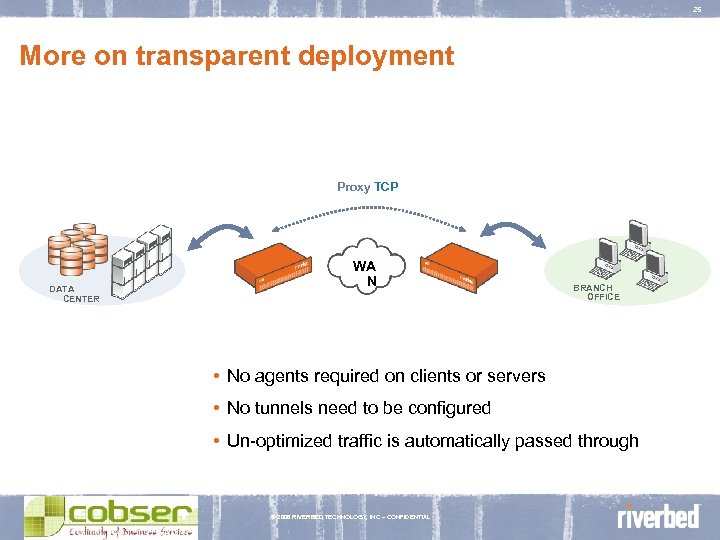 25 More on transparent deployment Proxy TCP DATA CENTER WA N BRANCH OFFICE •