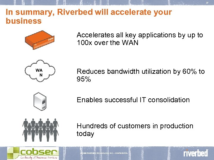37 In summary, Riverbed will accelerate your business Accelerates all key applications by up
