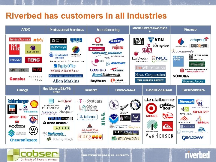 7 Riverbed has customers in all industries A/E/C Energy Professional Services Healthcare/Bio/Ph arma Manufacturing