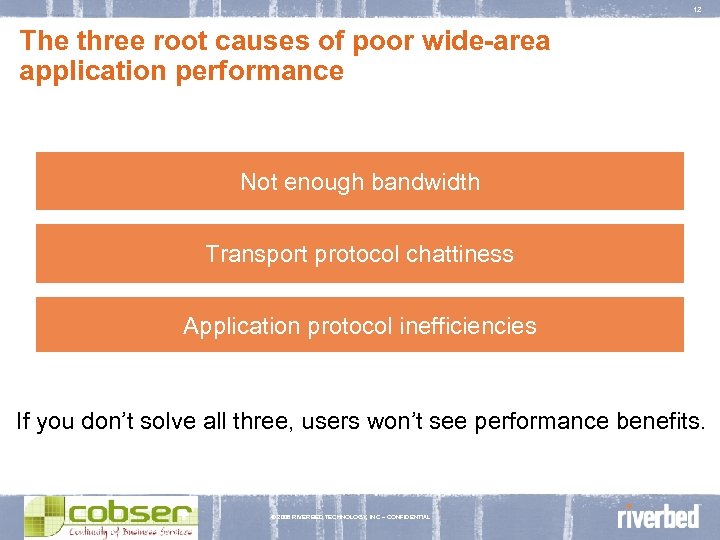 12 The three root causes of poor wide-area application performance Not enough bandwidth Transport
