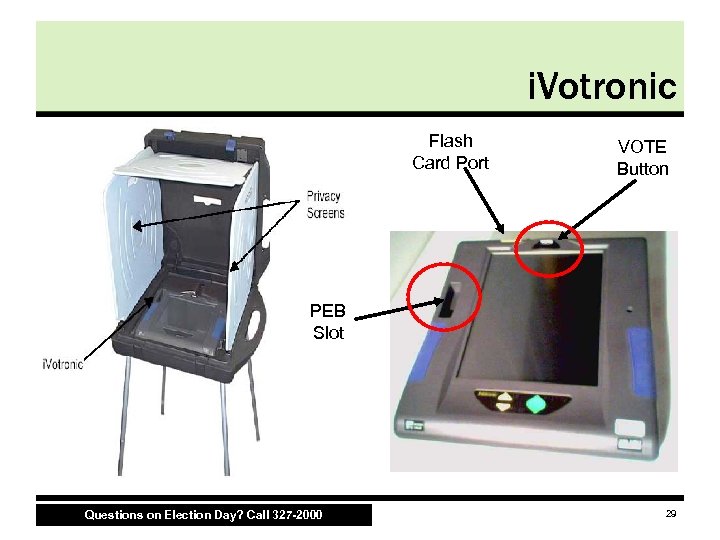 i. Votronic Flash Card Port VOTE Button PEB Slot Questions on Election Day? Call