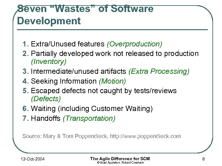 Seven “Wastes” of Software Development 1. Extra/Unused features (Overproduction) 2. Partially developed work not