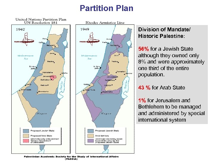 Partition Plan Division of Mandate/ Historic Palestine: 56% for a Jewish State although they