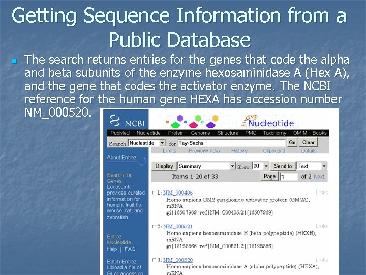 Getting Sequence Information from a Public Database n The search returns entries for the