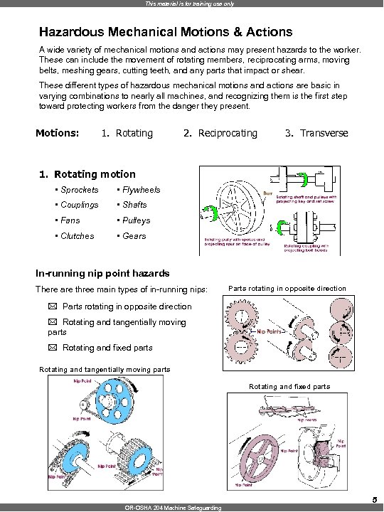 This material is for training use only Hazardous Mechanical Motions & Actions A wide